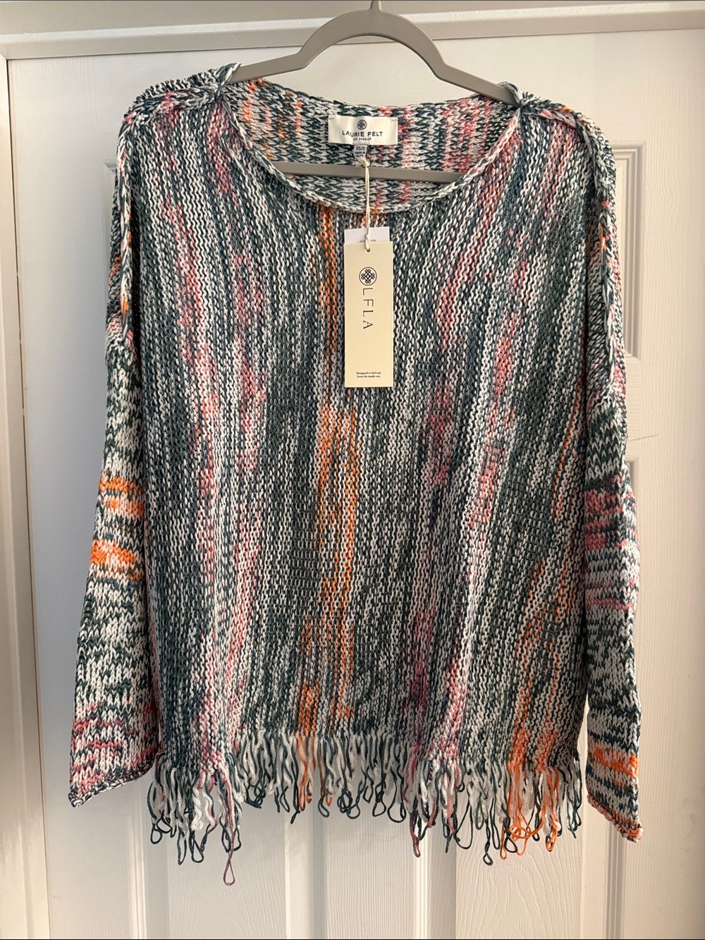 Laurie Felt Multicolor Fringed Crewneck Sweater in Green, Pink & Orange